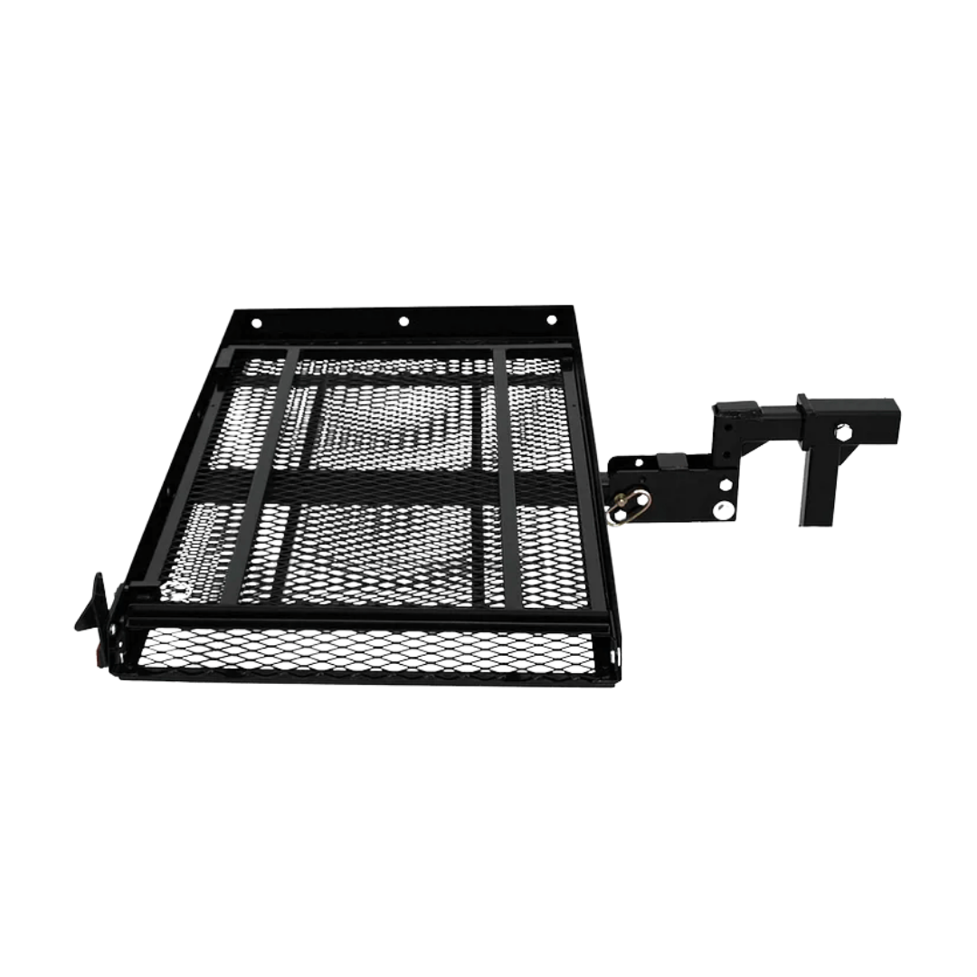 The EZ-Carrier Manual Fold Up Vehicle Mobility Carrier is a black metal hitch carrier with a mesh platform and raised edges, designed for transporting extra items. The side view highlights the mounting bracket and support arm.